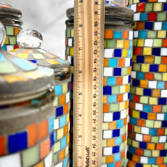 Mosaic Tiled Glass Canisters with Decorative Lids – Set of 6 (Small, Med, Large) - Picture 4 of 8